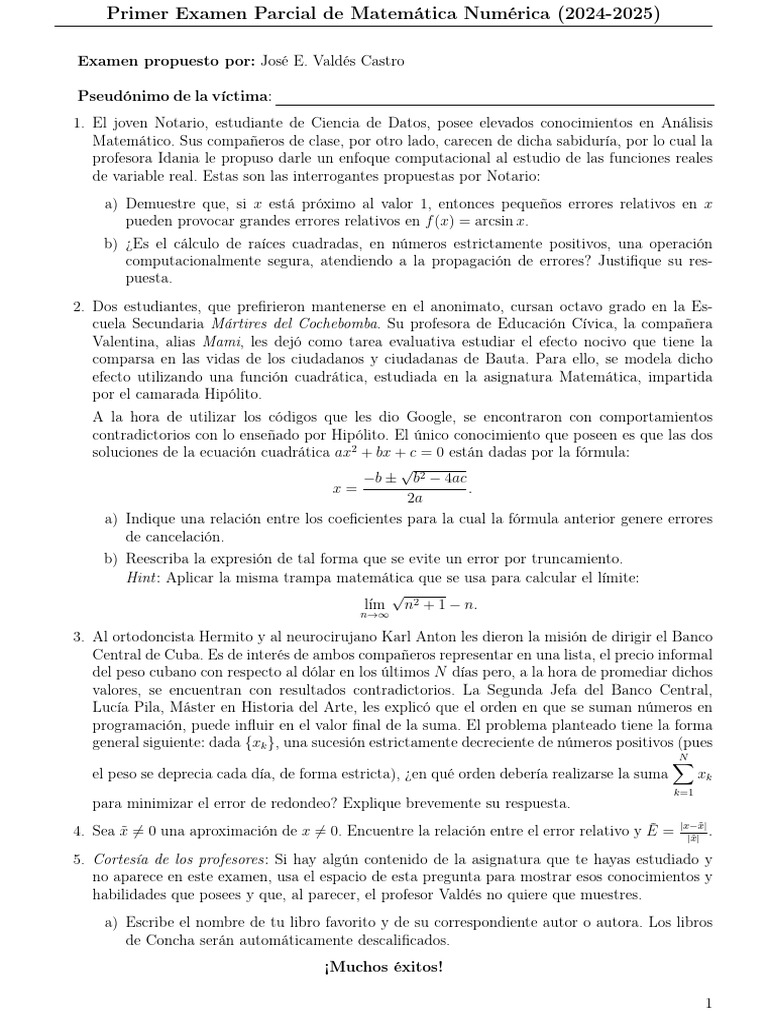 Examen Parcial de Matemática Numérica 2024 | PDF | Matemáticas | Álgebra