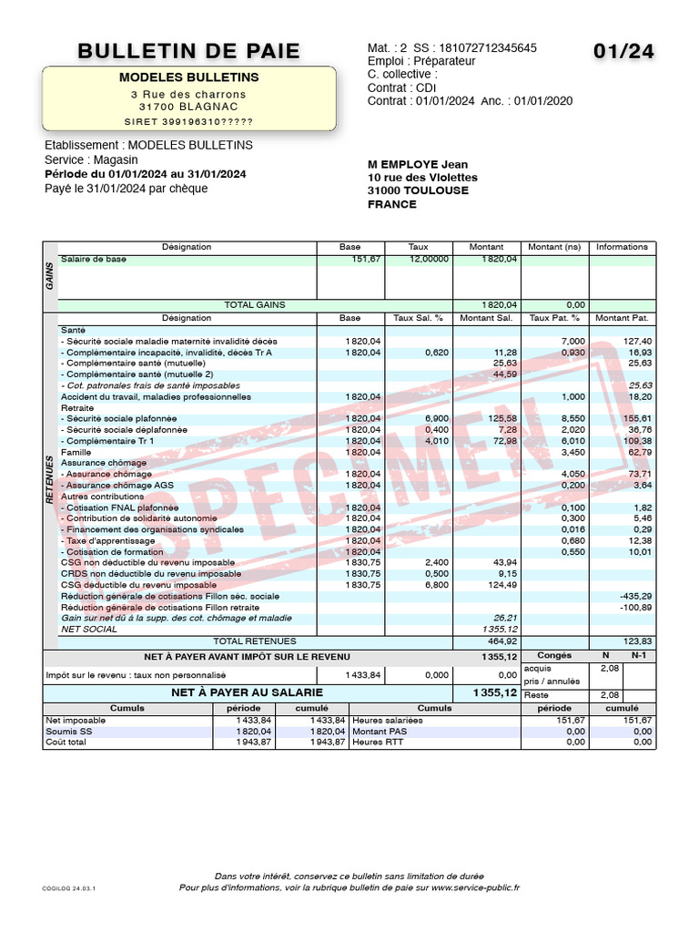Bulletin de paie janvier 2024 | PDF | Impôt sur le revenu | Bulletin de ...
