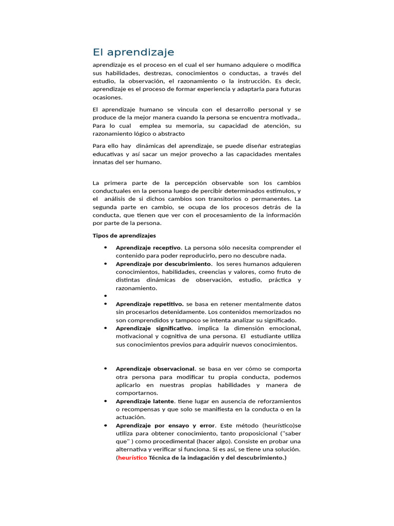 Tipos y estilos de aprendizaje humano | PDF | Aprendizaje ...