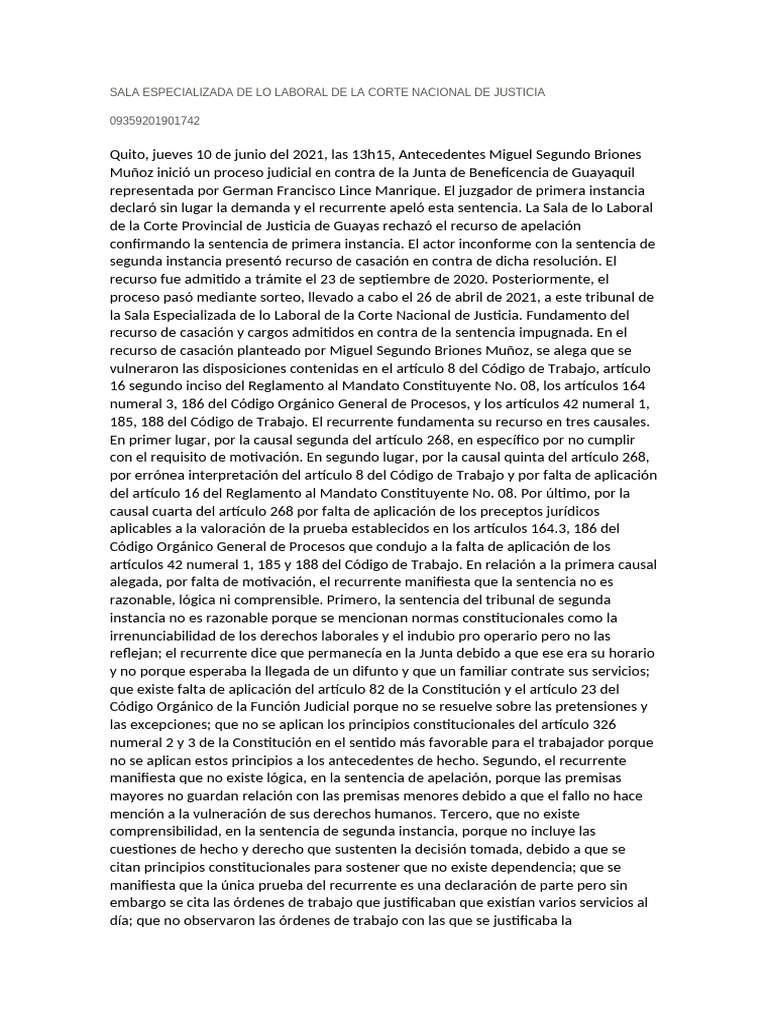 Casación Laboral: Miguel Briones vs. Junta | PDF | Derecho laboral ...