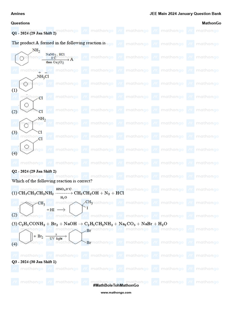 JEE Main 2024 January Amines Questions | PDF | Amine | Chemistry
