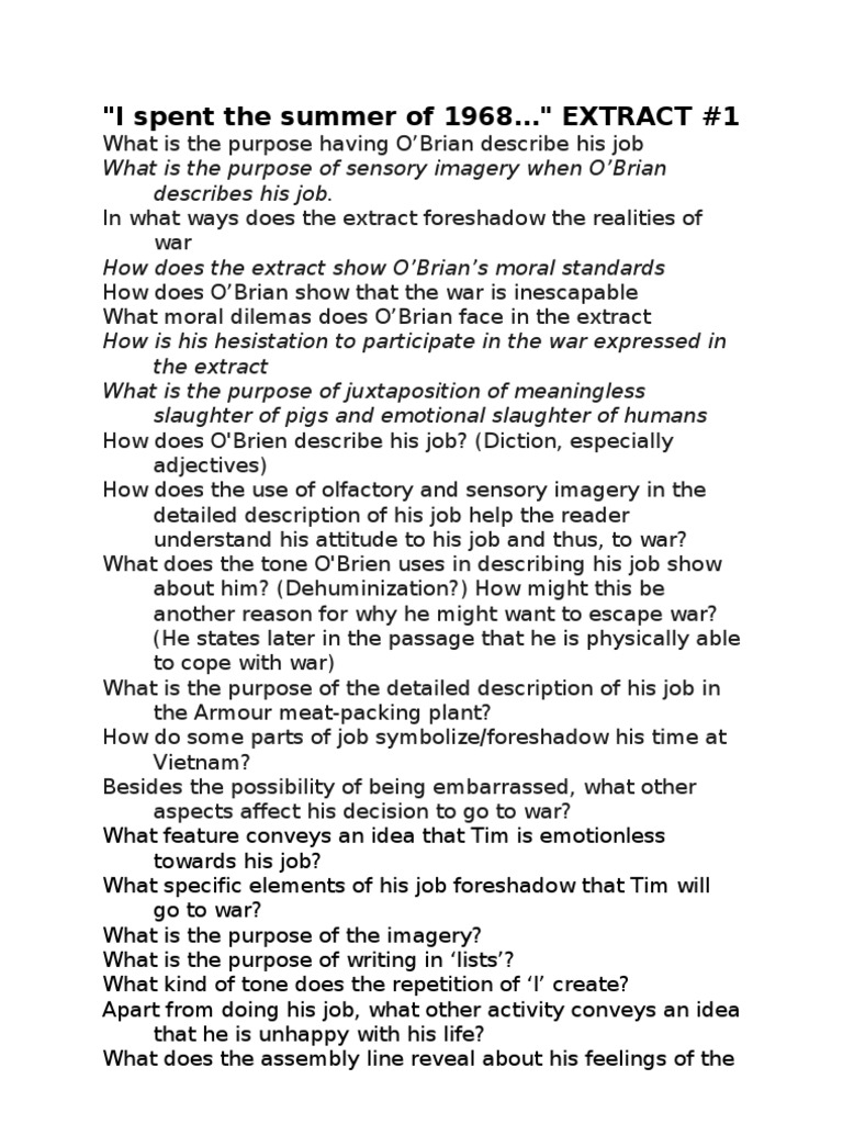 On The Rainy River Questions On Extract 1 PDF Emotions Perception