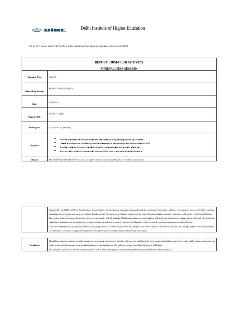 Mindfulness Session Report 2024 | PDF | Mindfulness | Psychology
