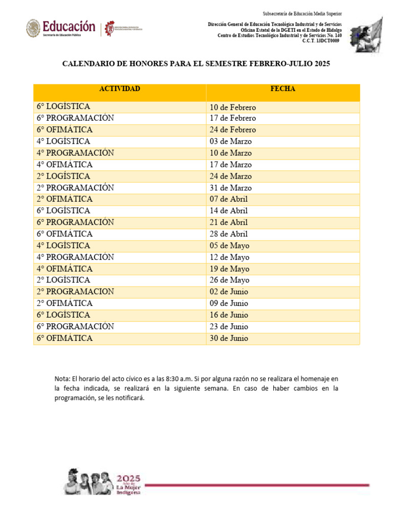Calendario de Honores Semestre 2025 | PDF