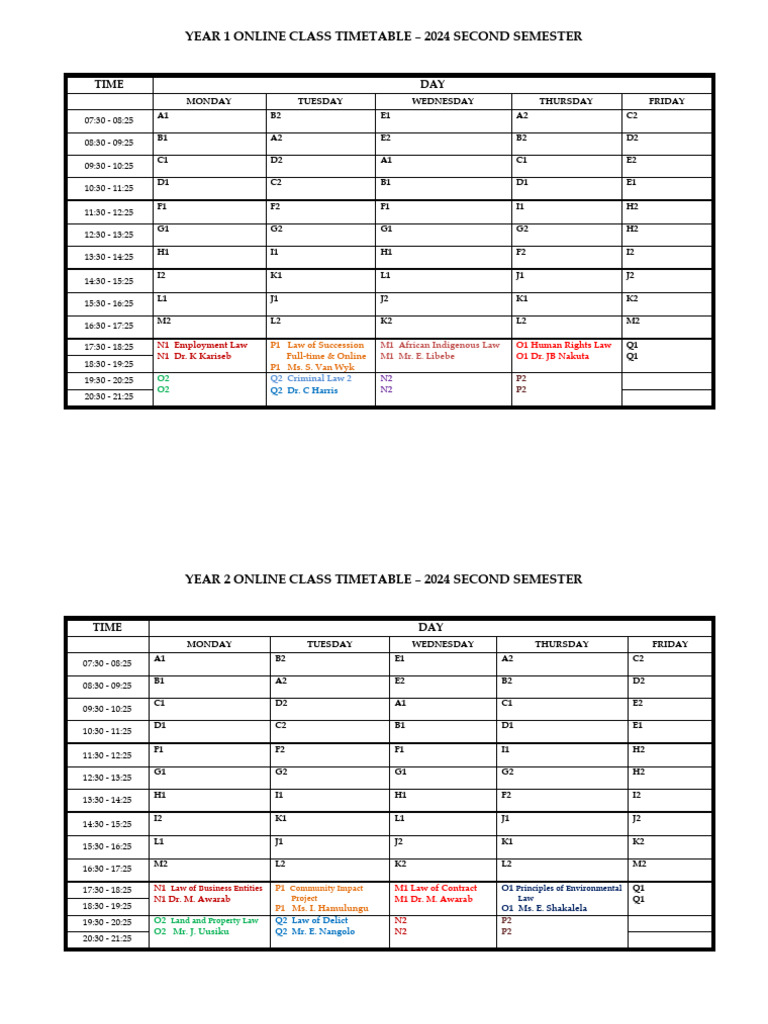 Years 1-4 Online Students Semester 2 Class Timetable 2024 | PDF