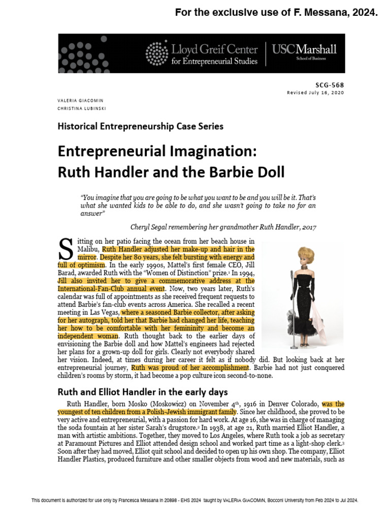 Ruth Handler: Innovator of Barbie | PDF | Barbie