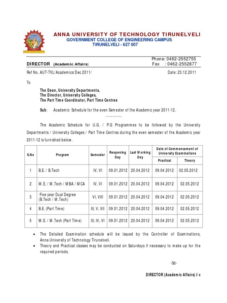 Academic Schedule 2011-12 for Anna University | PDF