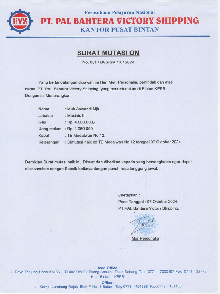 Surat Mutasi On Muh Aswandi MJK | PDF