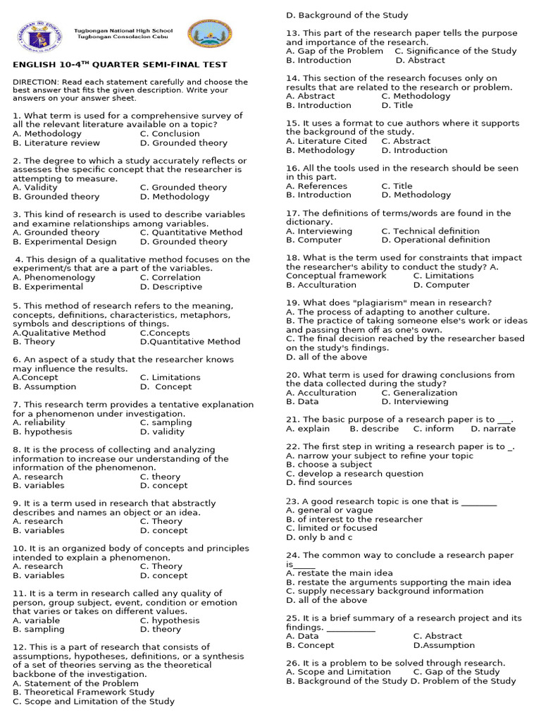 English 10 4th Quarter Test Review | PDF | Methodology | Theory