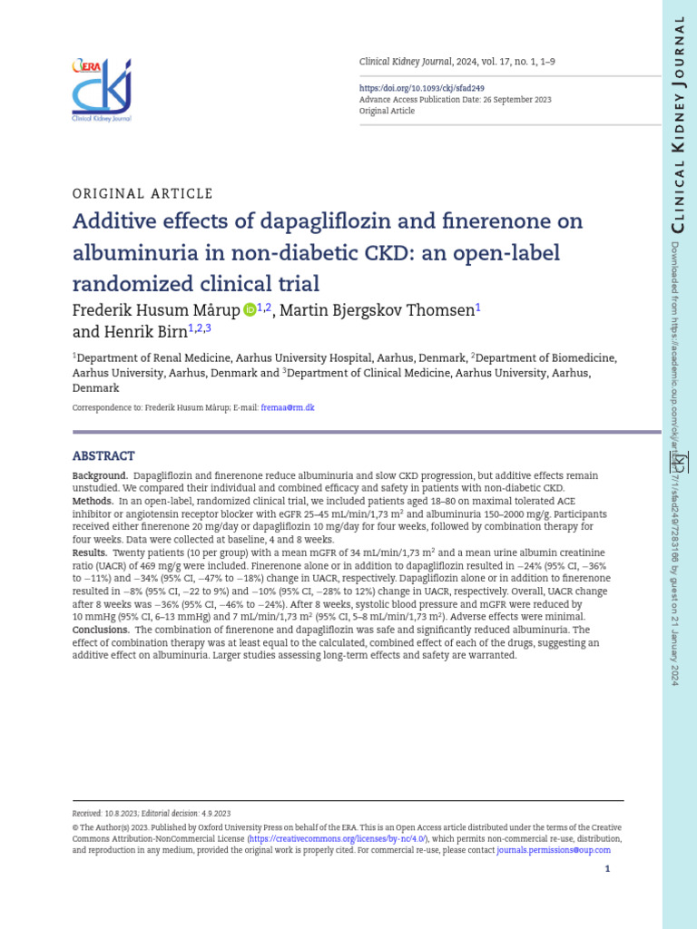 Additive Effects of Dapagliflozin and Finerenone On Albuminuria in Non ...