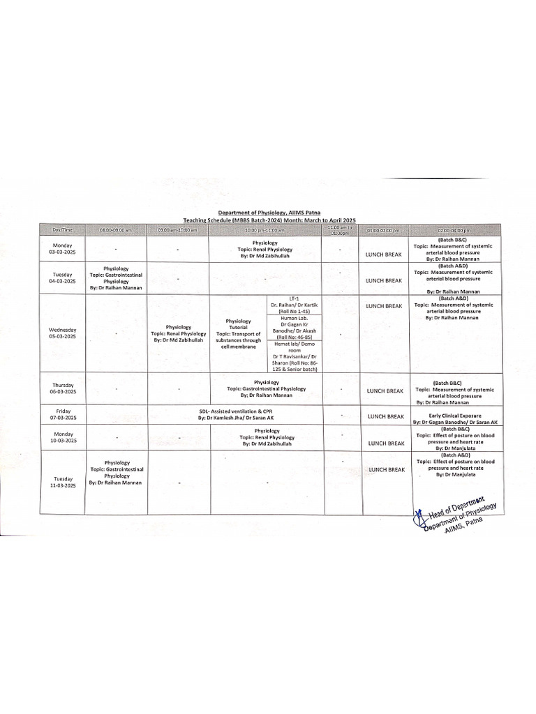 MBBS 2024 Batch Teaching Schedule-March & April | PDF