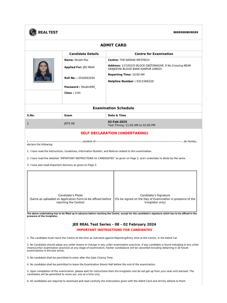 JEE Main Admit Card Instructions | PDF | Identity Document