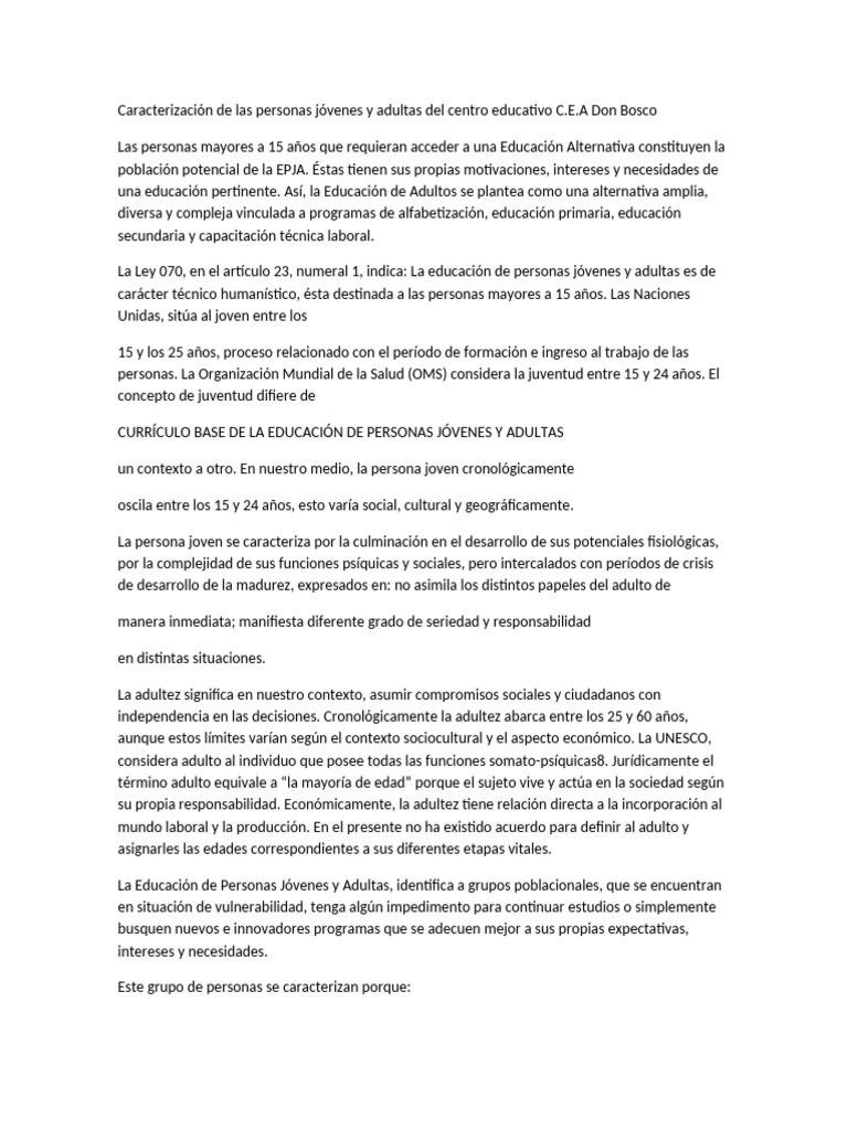 Educación de Jóvenes y Adultos en Bolivia | PDF | Adultos | Plan de ...