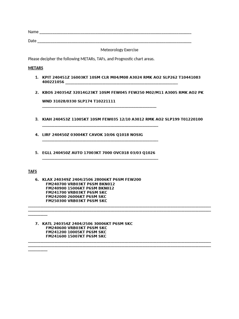 Meteorology Exercise: Decipher METARs & TAFs | PDF | Physical Geography ...