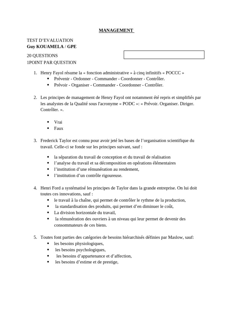 Questionnaire d'Évaluation en Management | PDF | Max Weber | Business