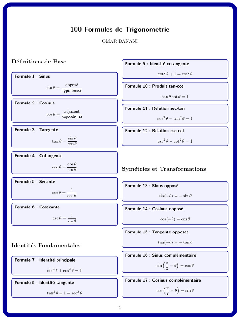 100 Formules de Trigonométrie | PDF | Fonction trigonométrique ...