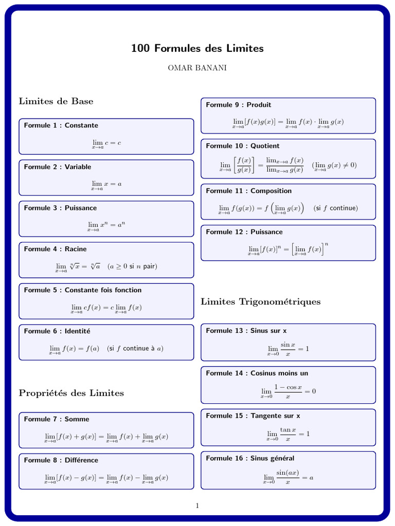 100 Formules des Limites Mathématiques | PDF | Fonction trigonométrique ...