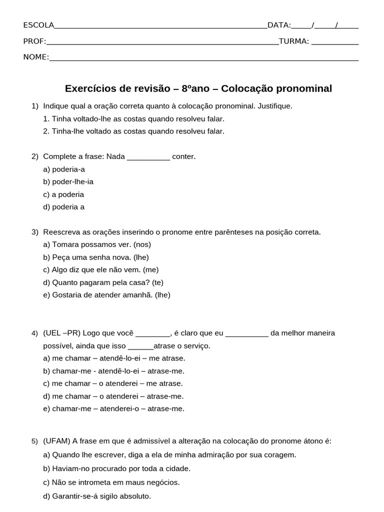 Exercícios de Colocação Pronominal 8º Ano | PDF
