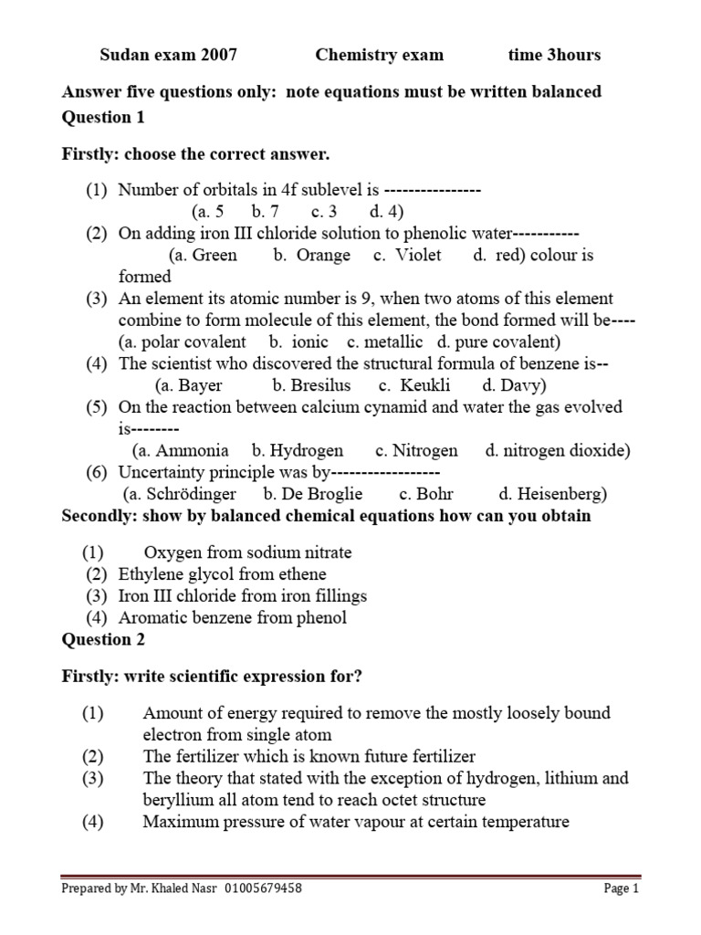 Sudan Chemistry Exam 2007-2008 | PDF | Acid | Chemical Reactions