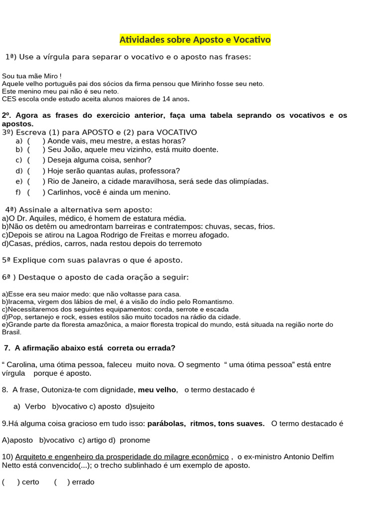 Atividade Aposto e Vocativo | PDF