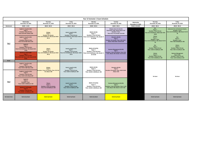 Semester 1 Exam Schedule A.Y. 2024-2025 - Year 12 Exam SCH | PDF ...