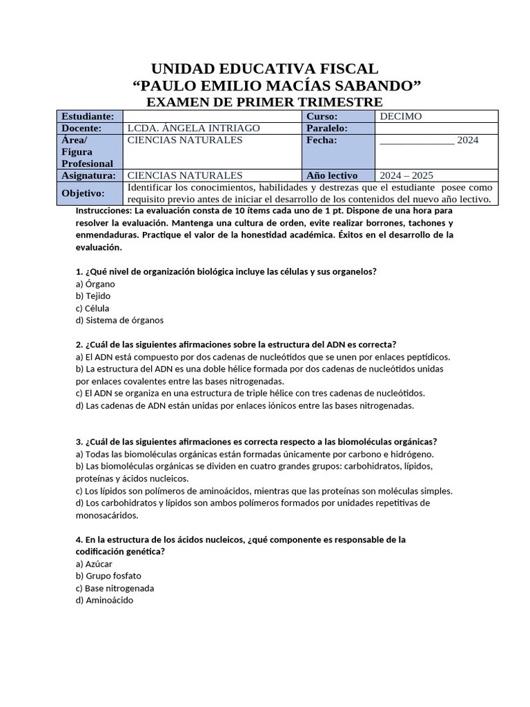Examen de Ciencias Naturales 2024-2025 | PDF | Rna | Adn