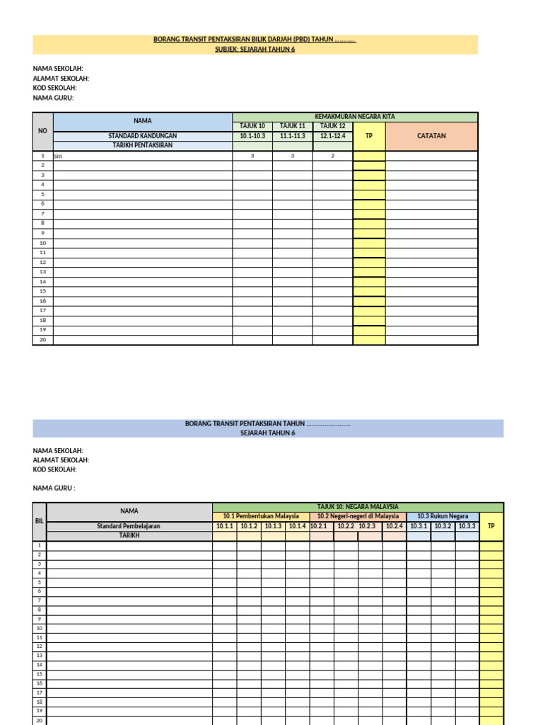 REKOD TRANSIT PBD SEJ THN 6 (Version 2) | PDF