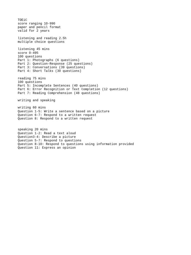 TOEIC Test Format and Scoring Guide | PDF