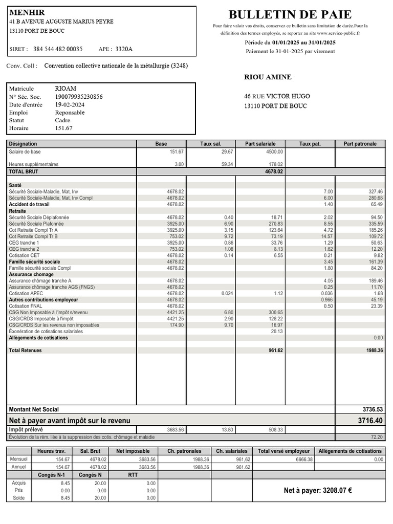 Bulletin de paie janvier 2025 - RIOU AMINE | PDF | Salaires | État ...