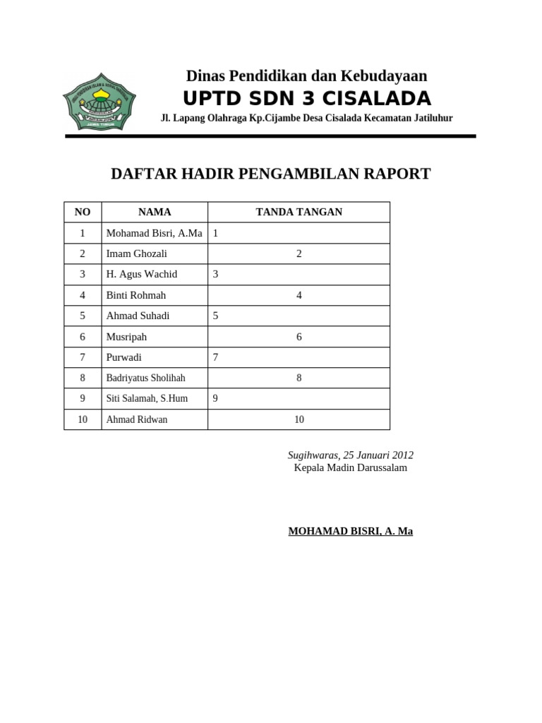 Daftar Hadir Pengambilan Raport dan Rapat Guru | PDF