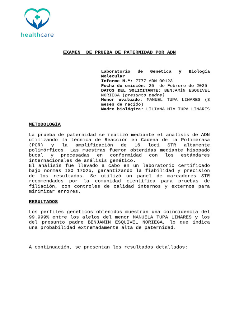 Examen De Prueba De Paternidad Por Adn Pdf Perfiles De Adn