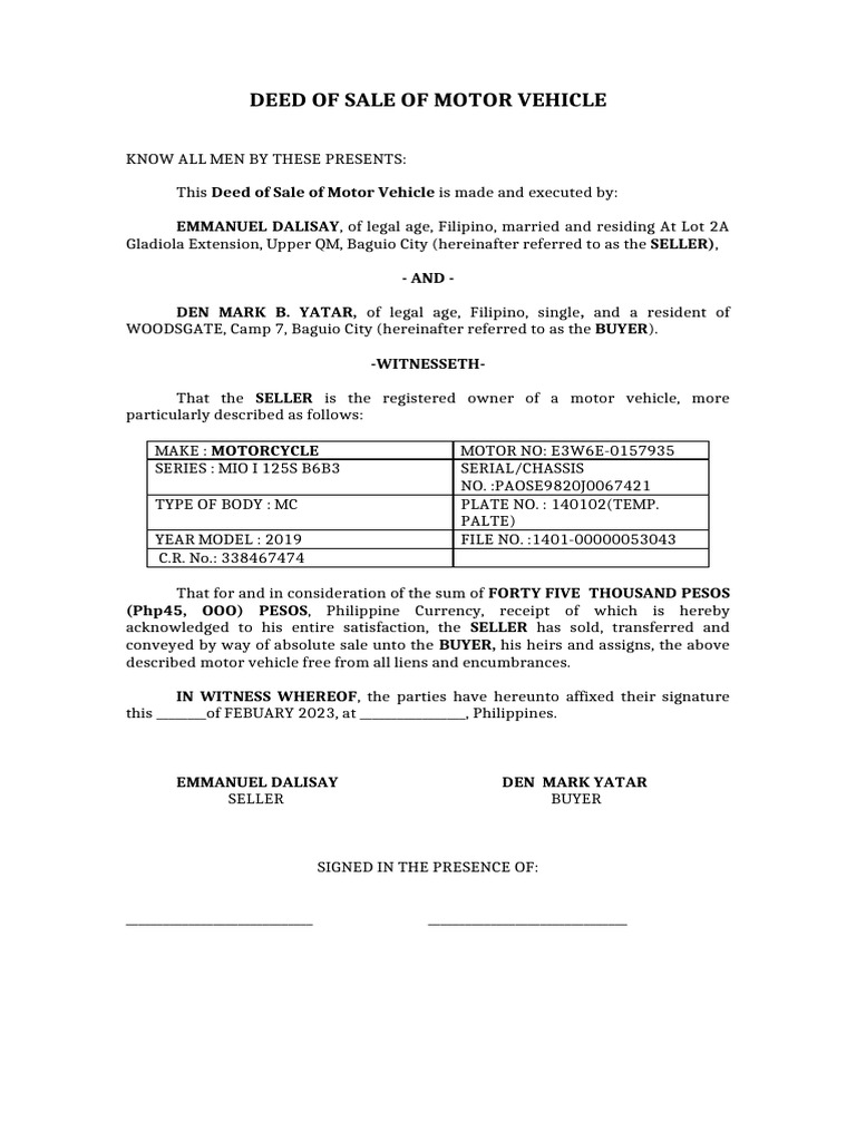 Deed of Sale of Motor Vehicle | PDF | Real Property Law | Private Law