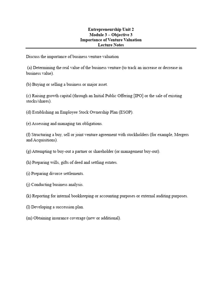 LECTURE NOTES - Module 3 - Obj. 3 - Importance of Venture Valuation | PDF