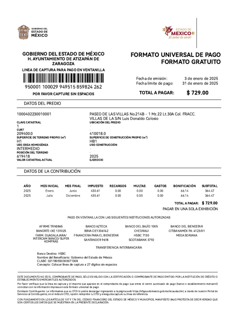 Pago de Impuestos en Atizapán 2025 | PDF | Finanzas personales | Bancos
