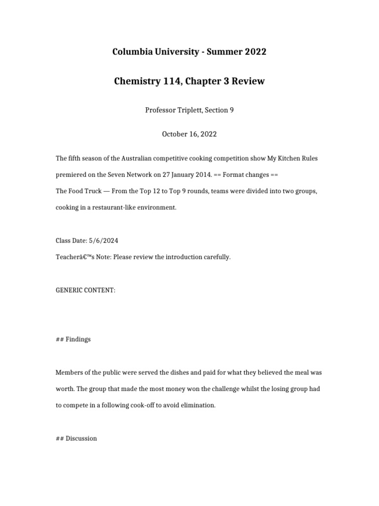 Chemistry 114 Chapter 3 Review | PDF | Food And Drink Preparation | Cuisine