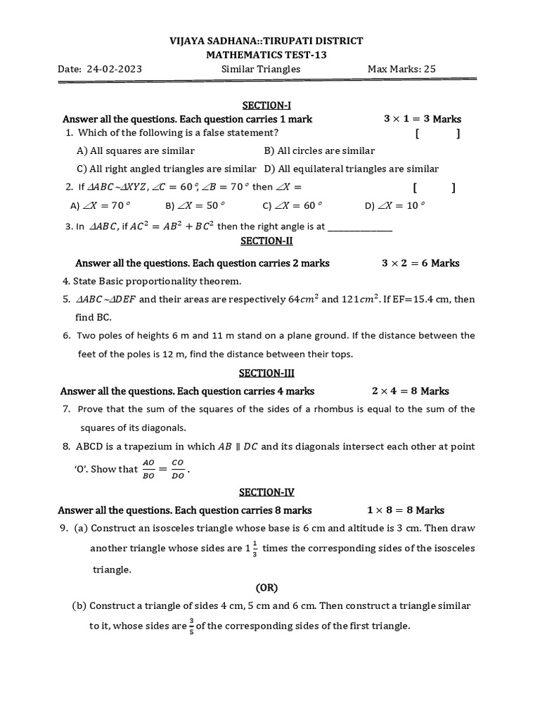 Mathematics Test on Similar Triangles | PDF