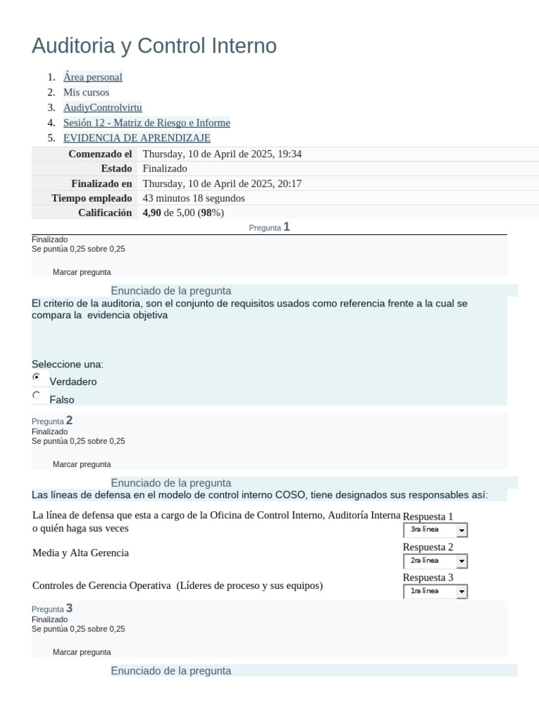 Auditoria y Control Interno Parcial 3 Intento 2 | PDF | Auditoría