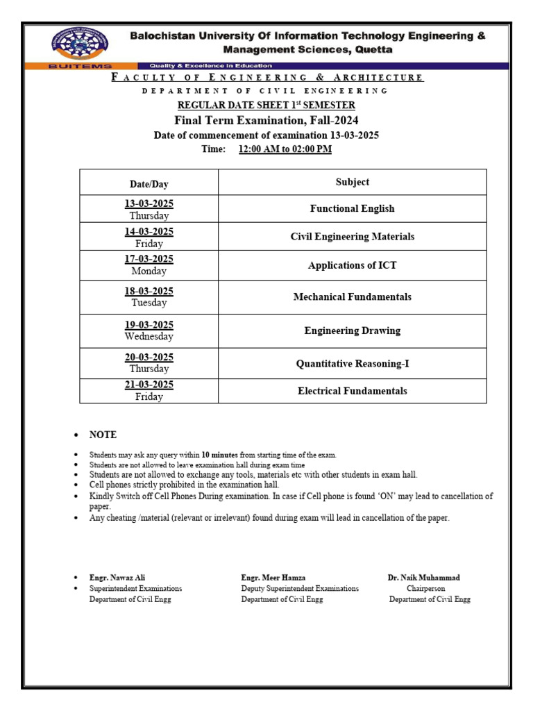 1st Semster Date Sheet BS-Civil Final Term Fall 2024 | PDF