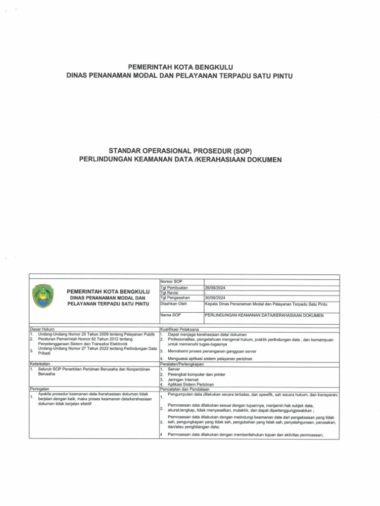 SOP Keamanan Data Dan Informasi TTD Kadis | PDF