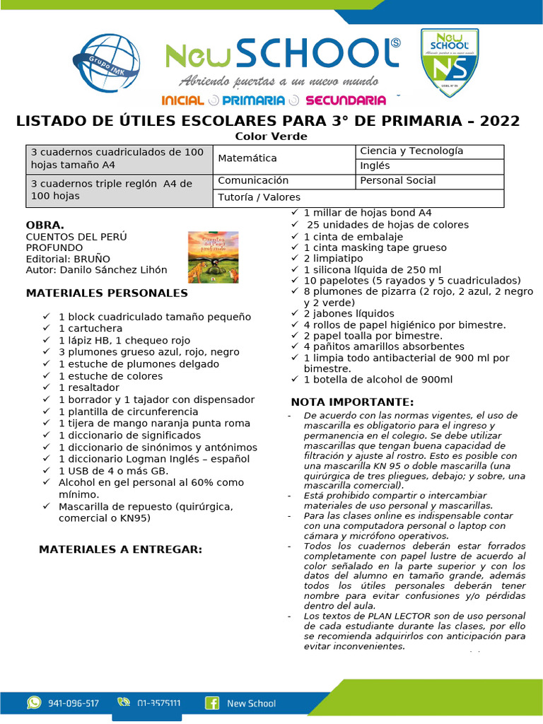 Lista de Útilies 3ro de Primaria | PDF