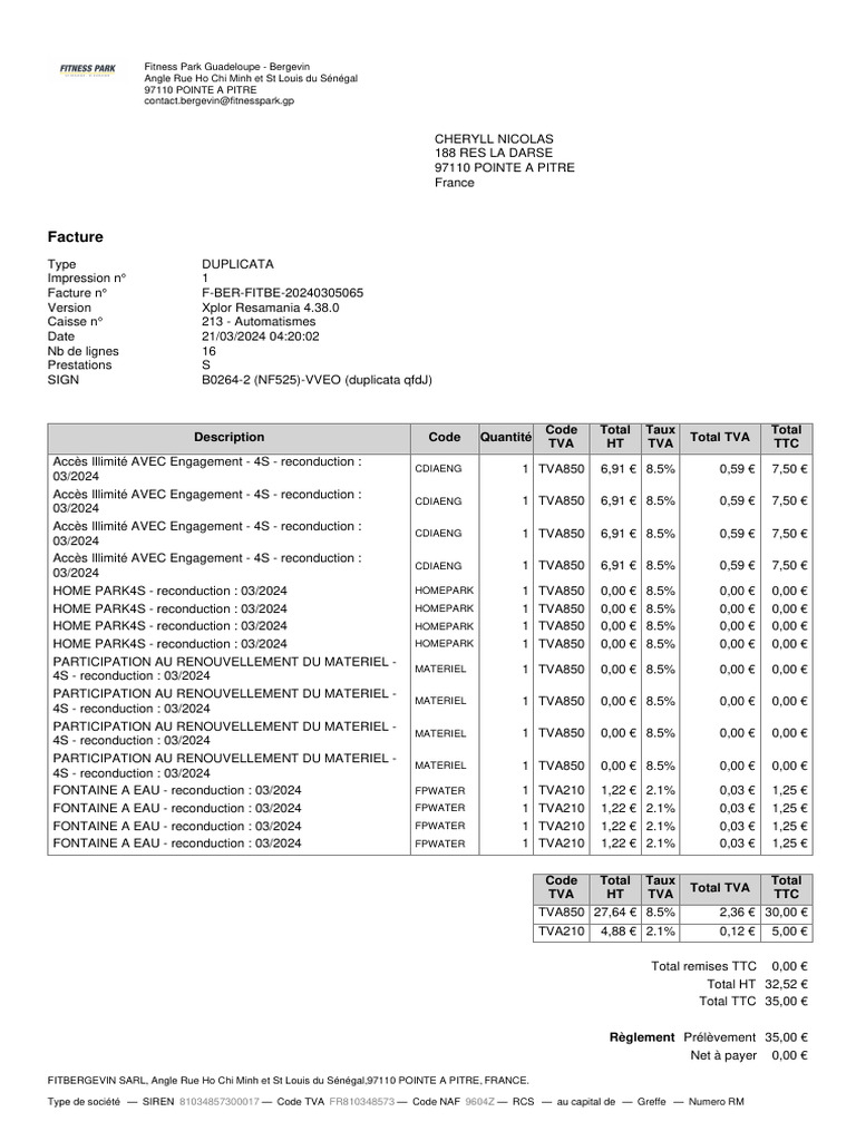 Facture Fitness Park - Mars 2024 | PDF | Taxe sur la valeur ajoutée ...