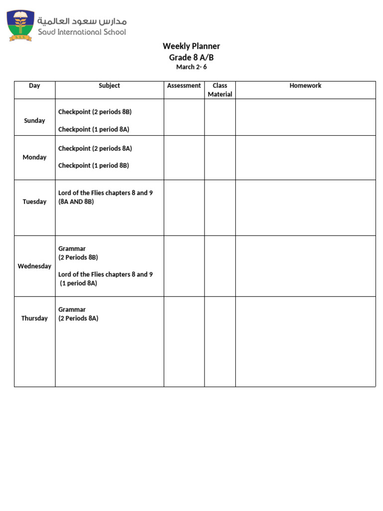 Grade 8 Weekly Planner: March 2-6 | PDF