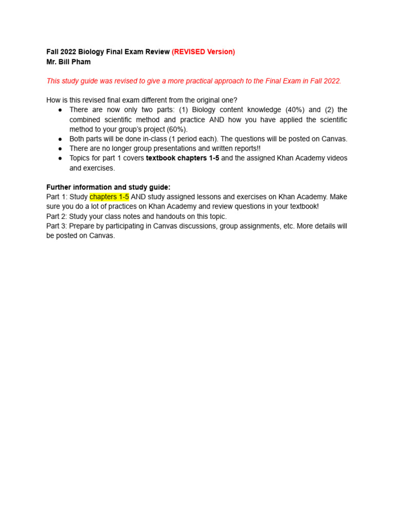 Fall 2022 Biology Exam Review Guide | PDF