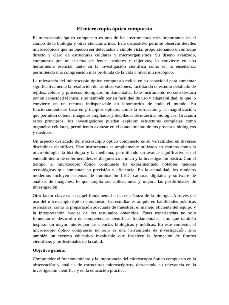 Importancia del microscopio óptico compuesto | PDF | Microscopio | Óptica