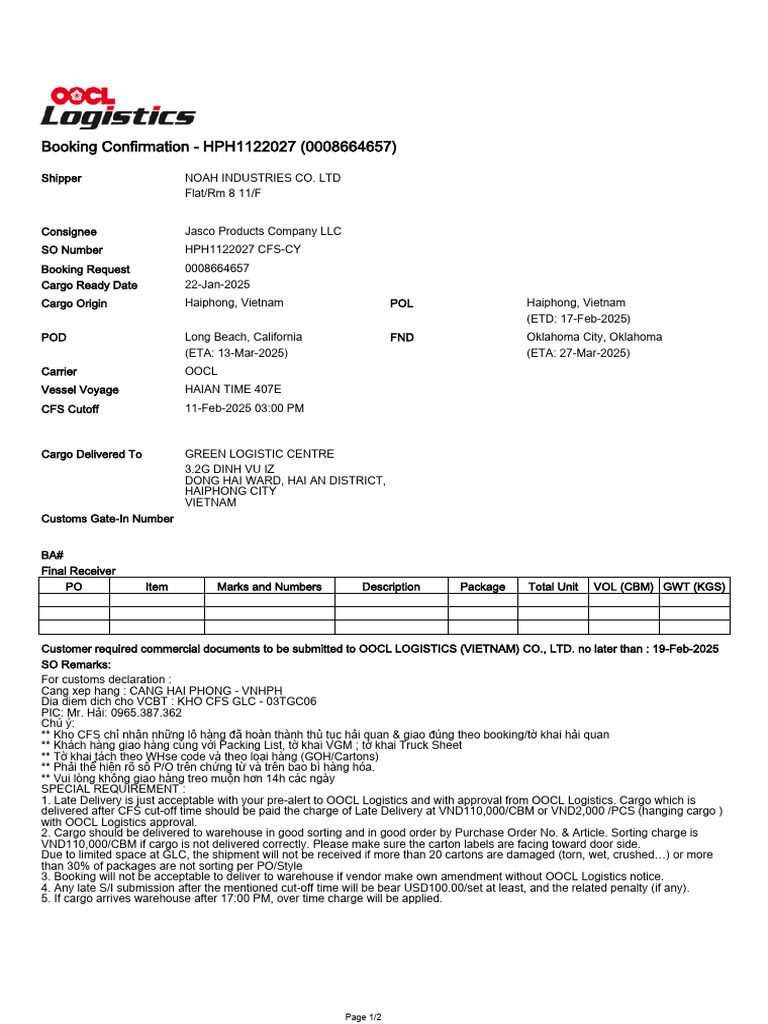 Cargo Booking Confirmation HPH1122027 | PDF | Cargo | Transport
