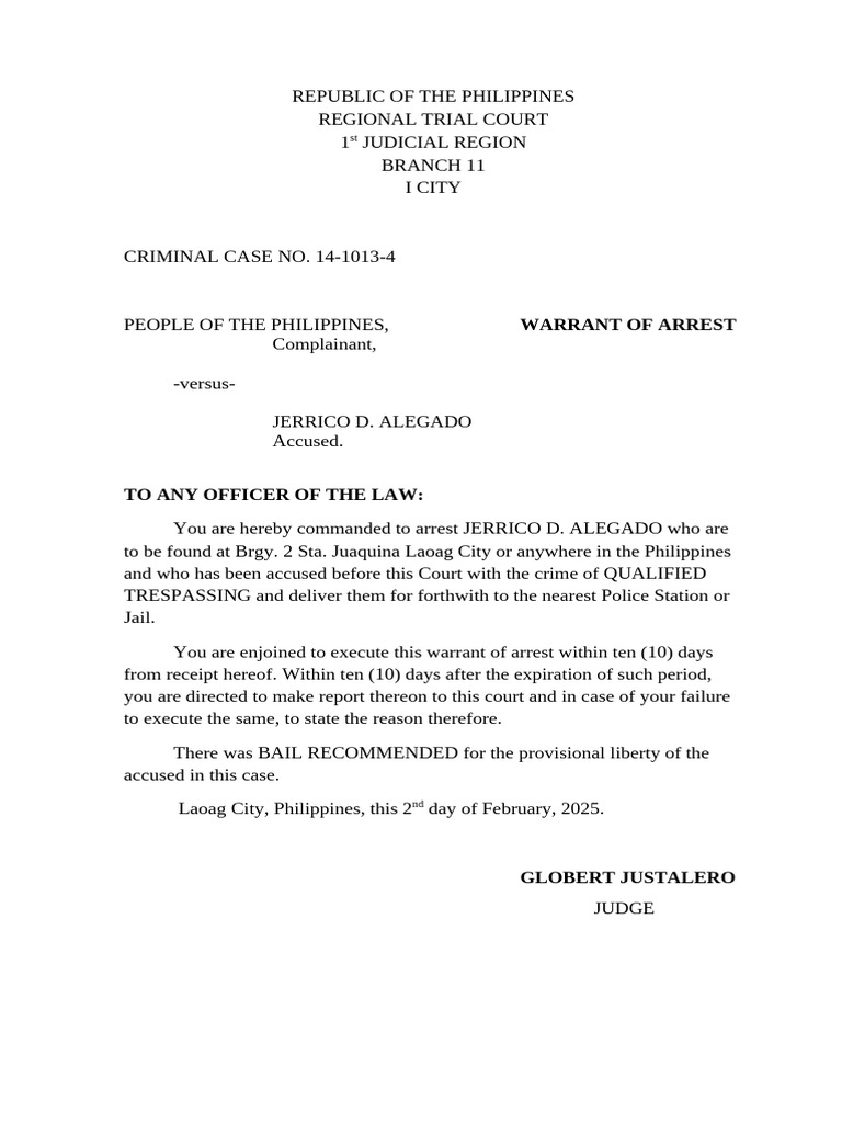 Warrant of Arrest for Jerrico D. Alegado | PDF