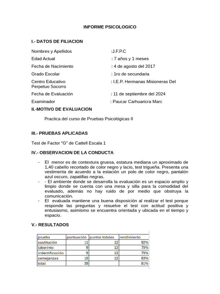 Informe Psicológico de Evaluación Infantil | PDF | Cociente de ...