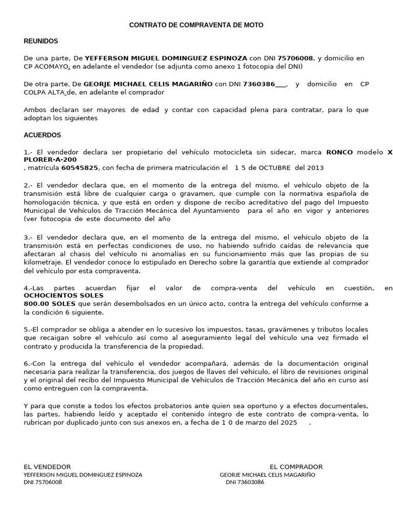 Contrato de Compraventa de Motocicleta | PDF