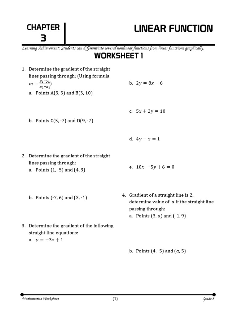 Grade 8 Linear Functions Worksheet | PDF | Line (Geometry) | Algebra