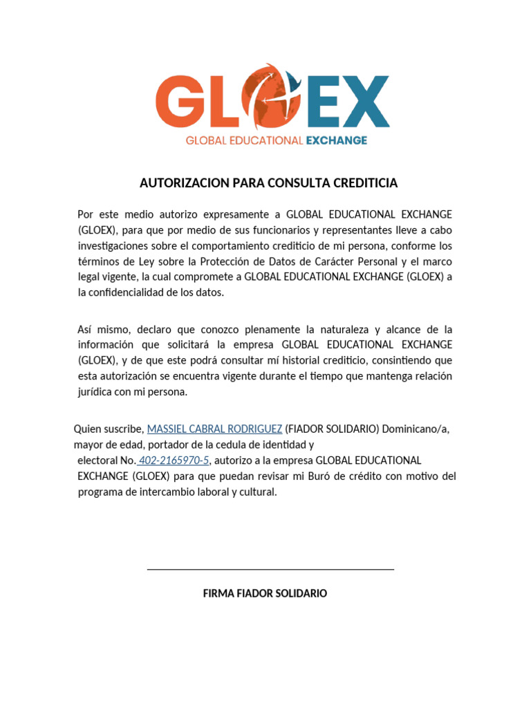Autorización Consulta Crediticia GLOEX | PDF